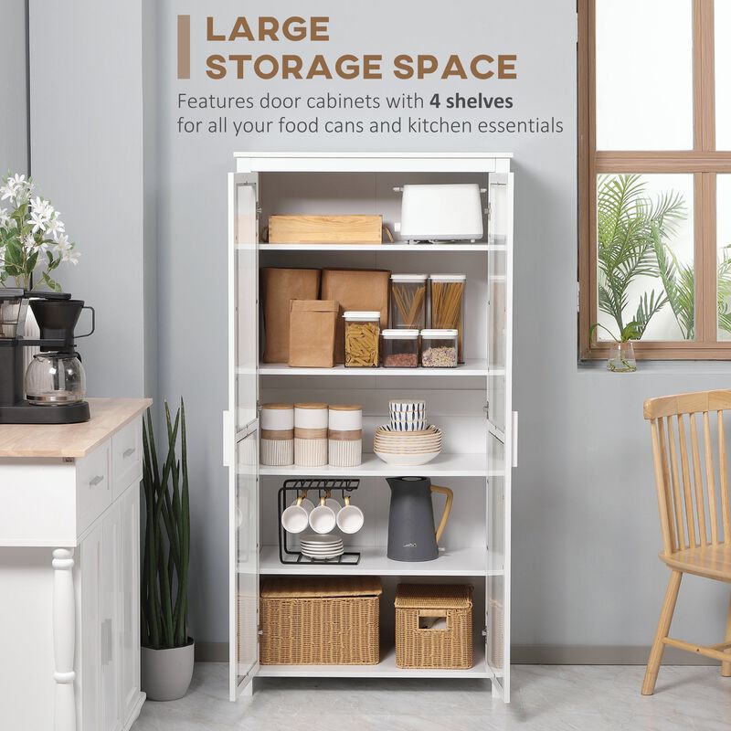 White Kitchen Tower: 5-Tier Pantry with Glass Doors