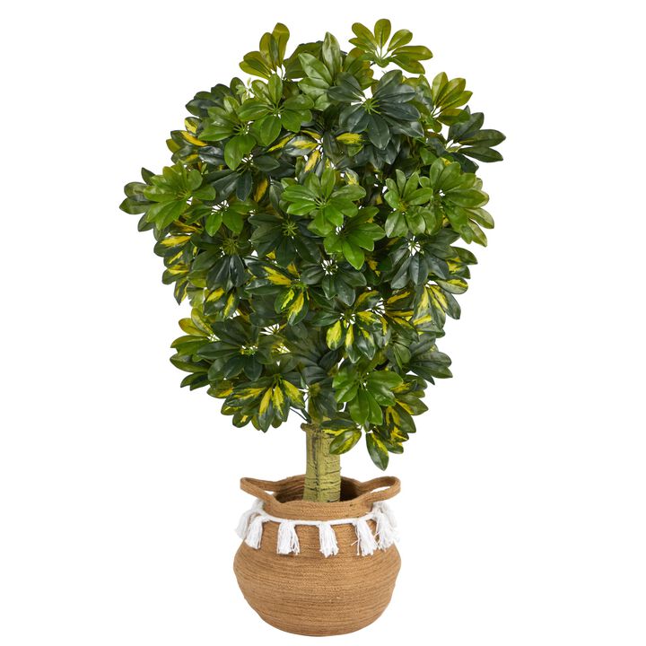 Hivvago 4 Feet Schefflera Artificial Tree in Boho Chic Handmade Natural Cotton Woven Planter with Tassels (Real Touch)