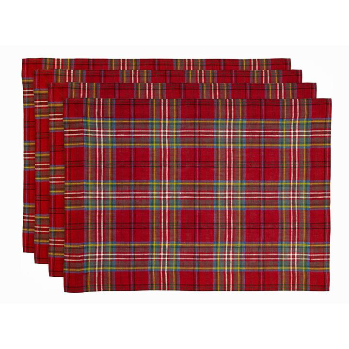 Solino Home 100% Pure Linen 14 x 19 Inch Placemats Set of 4 | Classic Tartan Plaid