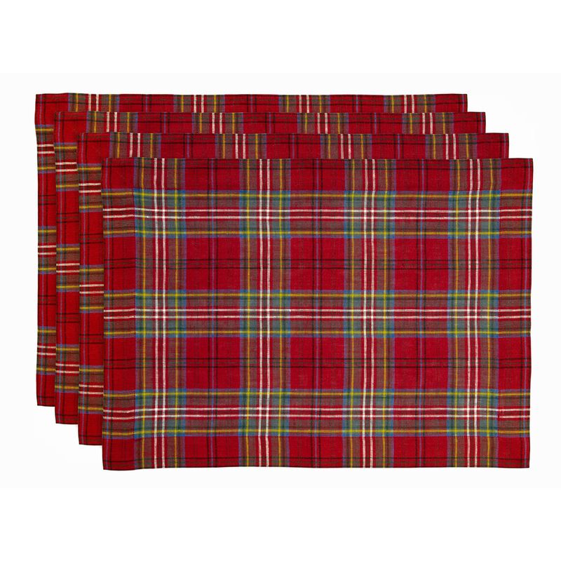 Solino Home 100% Pure Linen 14 x 19 Inch Placemats Set of 4 | Classic Tartan Plaid