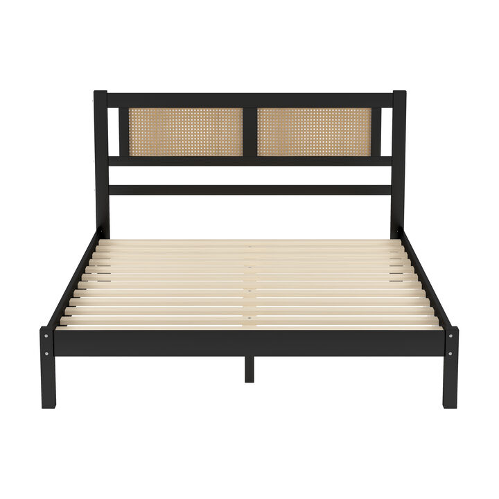 Merax Wood Platform Bed with Natural Rattan Headboard