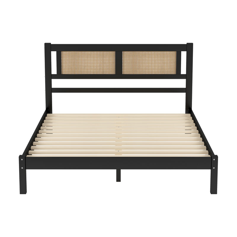 Merax Wood Platform Bed with Natural Rattan Headboard