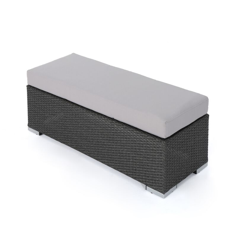 Sanie Outdoor Bench, 47 Inch, Gray Resin Wicker Weave, Silver Polyester
