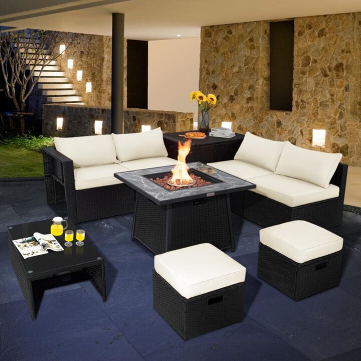 Hivvago 9 Pieces Outdoor Wicker Sectional with 35 Inch Gas Fire Pit Table