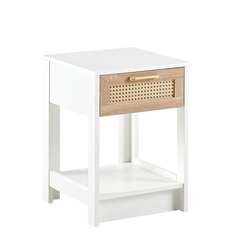 15.75" Rattan End table with drawer, Modern nightstand, side table for living roon, bedroom,white