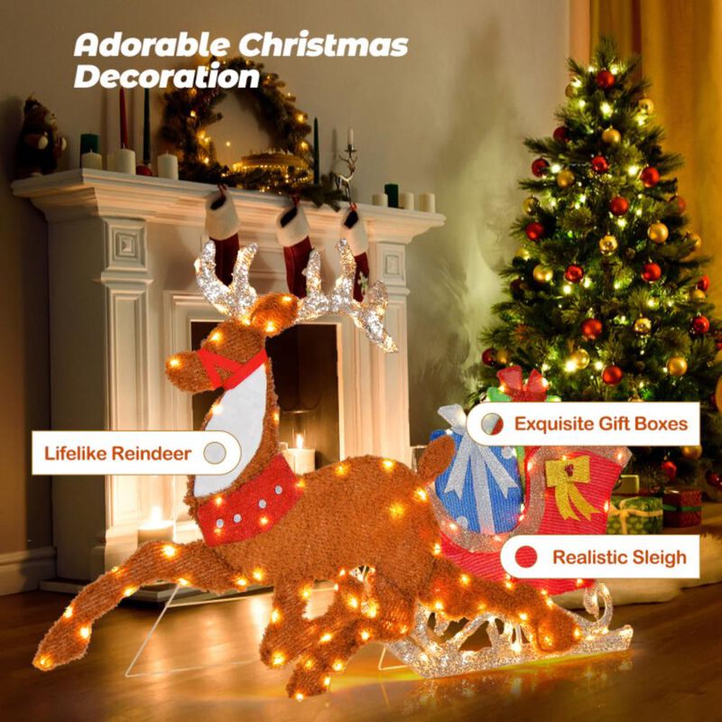 Hivvago Lighted 2D Christmas Reindeer and Sleigh Decoration for Lawn Front Door Home