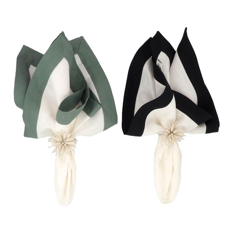 Linen Napkins With Green Borders, Set of 4