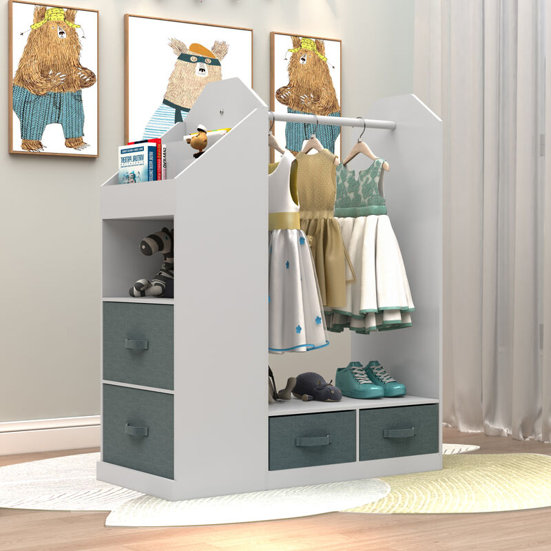 Kids' Open Wardrobe with Mirror Freestanding Hanging Armoire Closet for Clothes & Storage