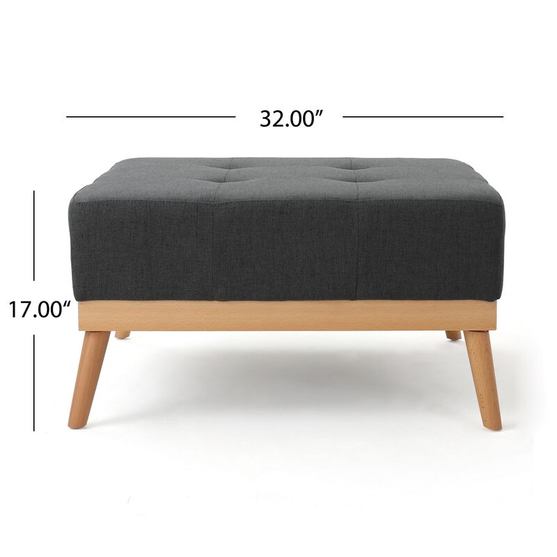 Ottoman, Tufted Dark Gray Fabric, Plush Cushion, Brown Wood, 32 Inch -Benzara