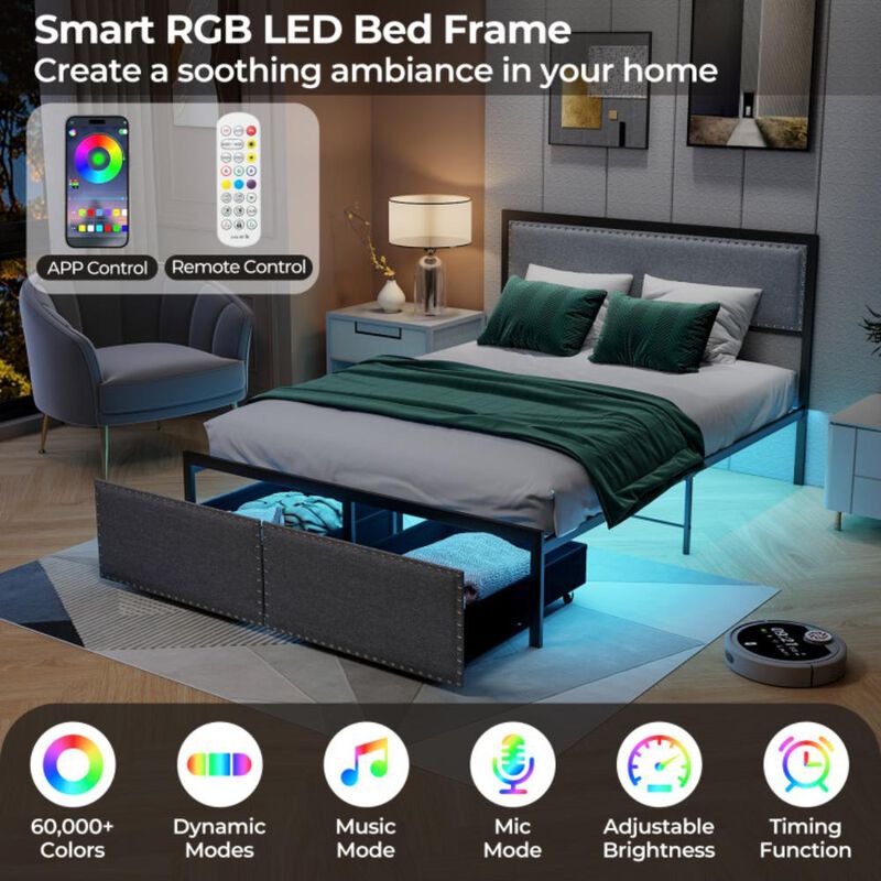 Hivvago Bed Frame with LED Lights Drawer and Metal Slats