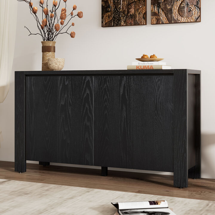 Clihome Buffet Cabinet with Storage, 4-Door Retro Wood Sideboard with Distressed Finish and Adjustable Shelves for Dining Room, Kitchen, and Living Room (Black)