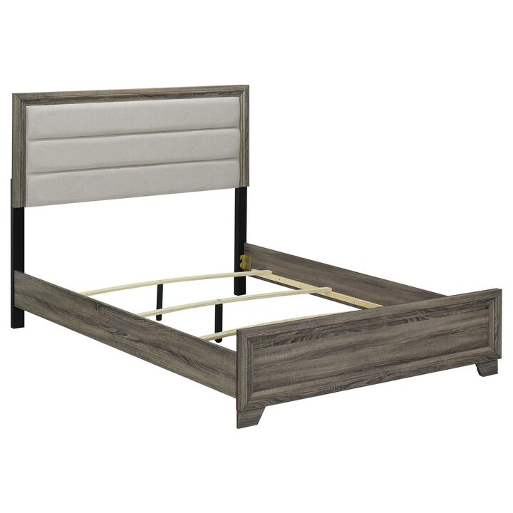 Reay King Size Bed, Oak Brown Wood, Tufted Tan Headboard Upholstery - Benzara