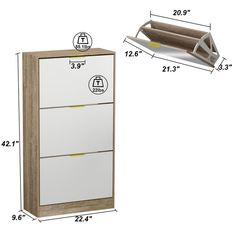 Modern Shoe Storage Cabinet with 3 Drawers & Mirror, Wood 3-Tier Shoe Rack Organizer for Entryway, Bedroom & Hallway (22.4”W x 9.6”D x 42.1”H)