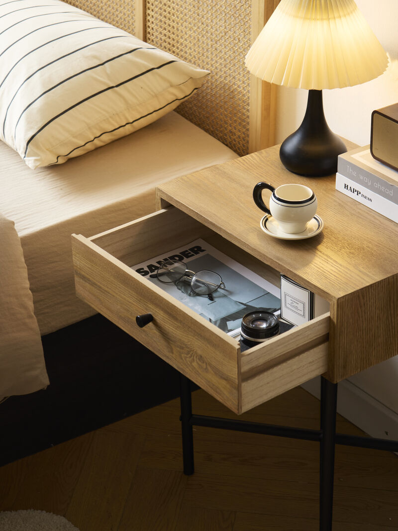 Bedside Table Night Stand in Wood and Metal