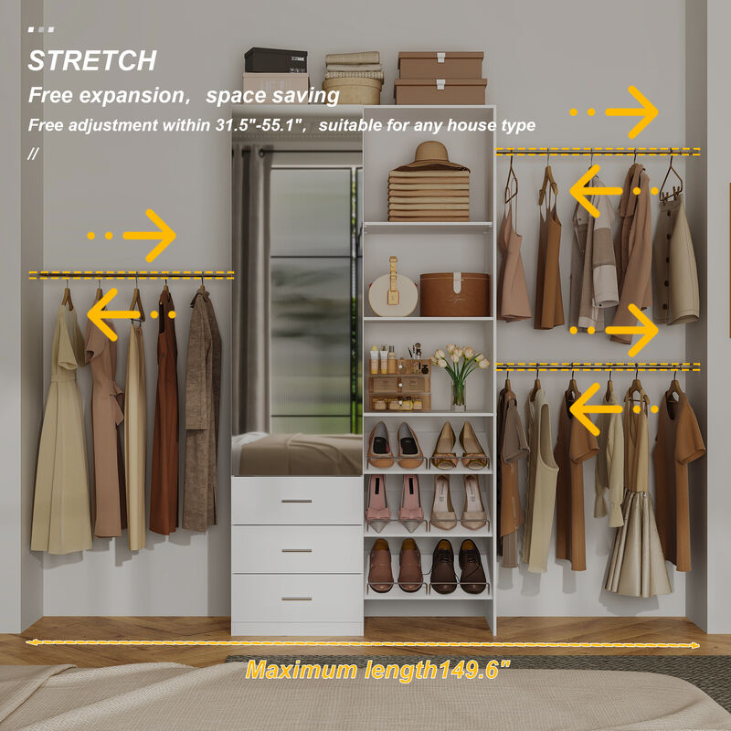 FUFU&GAGA White Hanging Wardrobe with Full-Length Mirror, Adjustable Hanging Rods & Shoe Rack, (39.4" W x 15.7" D x 78.7" H), White