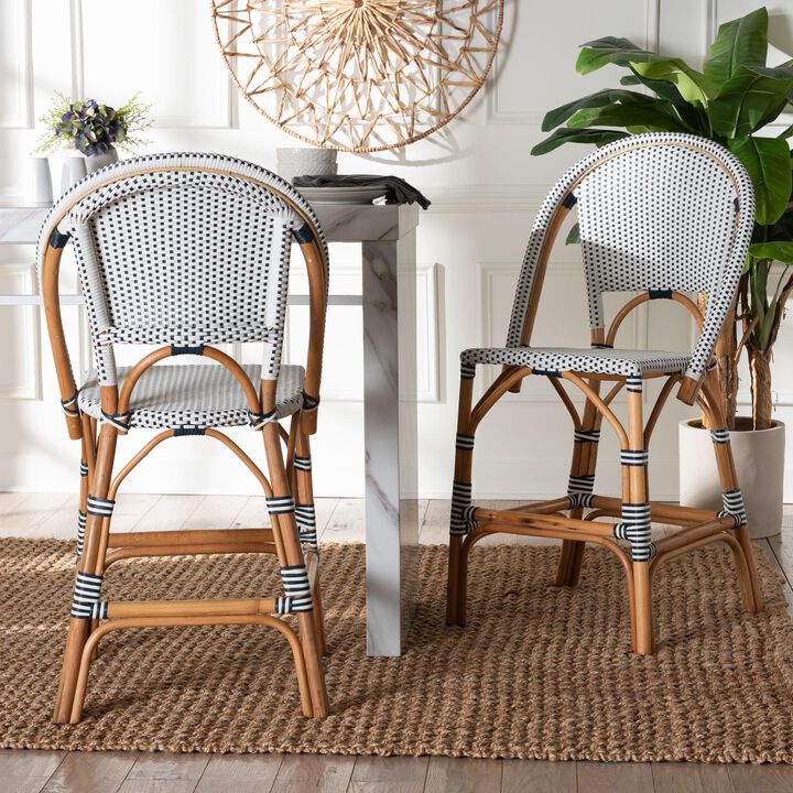 bali & pari Genica Classic French Two Tone Navy and White Weaving and Natural Rattan 2 Piece Counter Stool Set