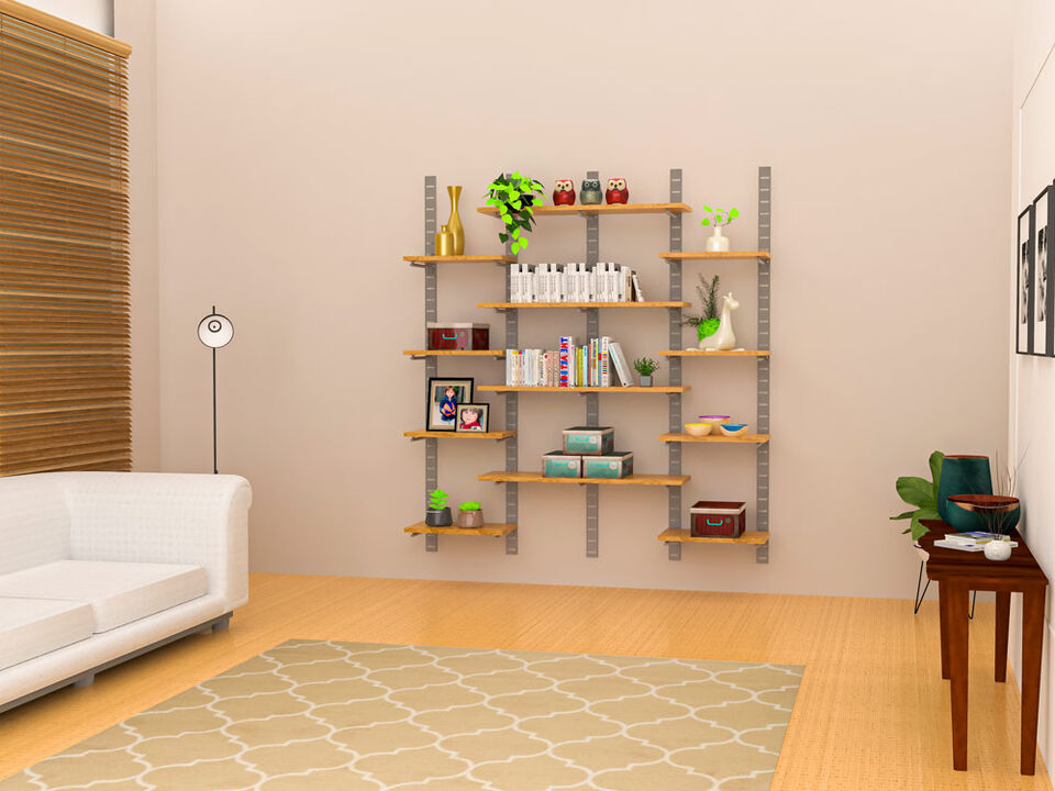 Trendy  Living Room Shelving System 91" High with  12 Mixed Wood Shelves 24" and 48" Length 14"-16" Width | 4 Sections- Shelves Sold Separately