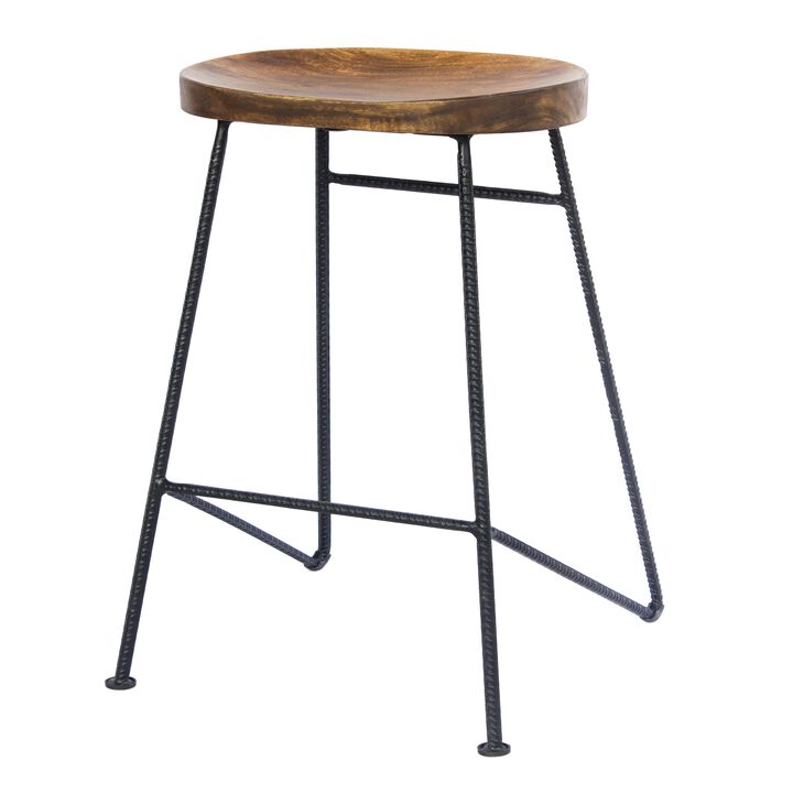 28 Inch Bar Stool with Mango Wood Saddle Seat, Iron Rod Legs, Brown and Black-Benzara