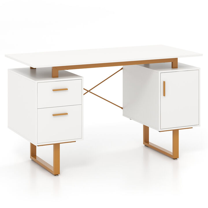 Computer Desk with Floating Desktop Design and Dual Storage Drawers