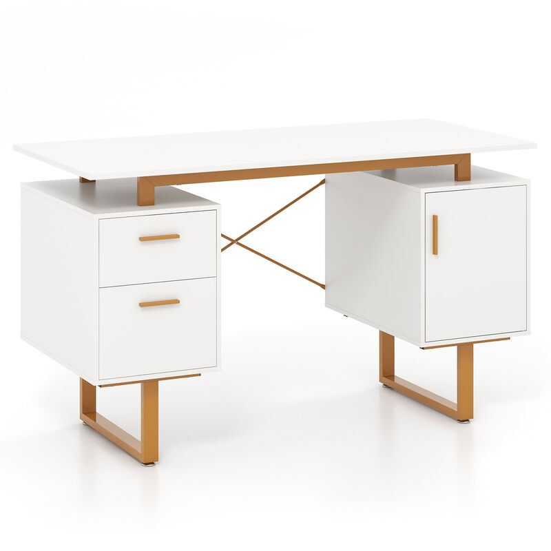 Computer Desk with Floating Desktop Design and Dual Storage Drawers