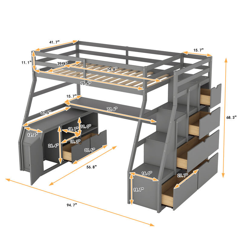Twin Size Loft Bed With With 7 Drawers 2 Shelves And Desk