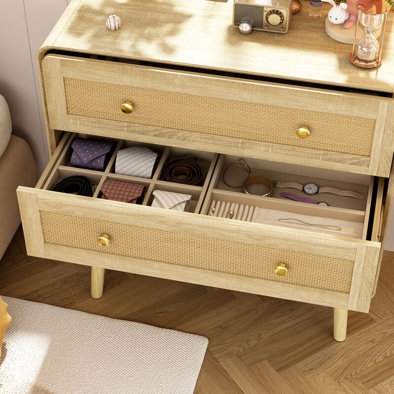 FUFU&GAGA 3-Drawer Nightstand, Modern Bedside Table with Rattan Fronts, Wooden Legs & Gold Handles, Spacious Storage for Bedroom (31.5" W x 32" H x 13.8" D), Natural Wood
