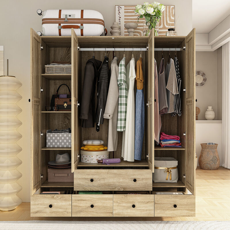 Brown Wood Grain 59 in. W Rattan Doors Design Armoires Wardrobe with 5-Drawers, 2-Hanging Rods (70.8 in. H x 18.8 in. D)