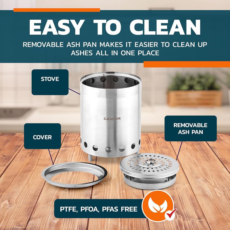 Campior Wood Burning Fire Pit Stove - Smokeless Outdoor Stove for Efficient Wood Fires, Camping, Cooking, and Garden Gatherings, Durable, Stainless Steel with Removable Ash Pan, Stand and Carry Bag