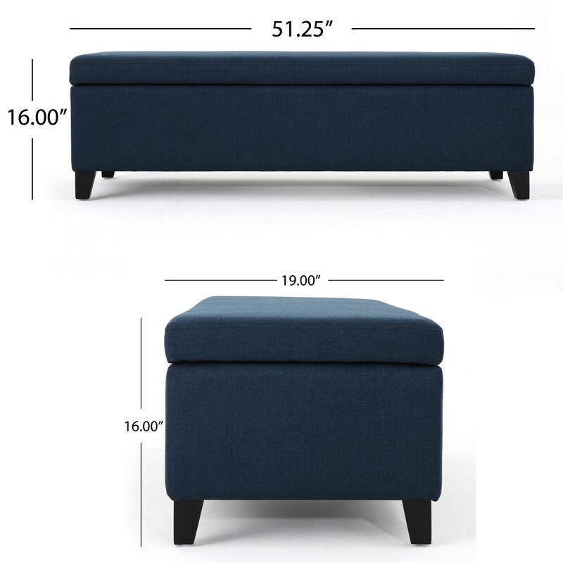 Harry Storage Ottoman Bench, Navy Blue Fabric 51 Inch Solid Birch Wood -Benzara