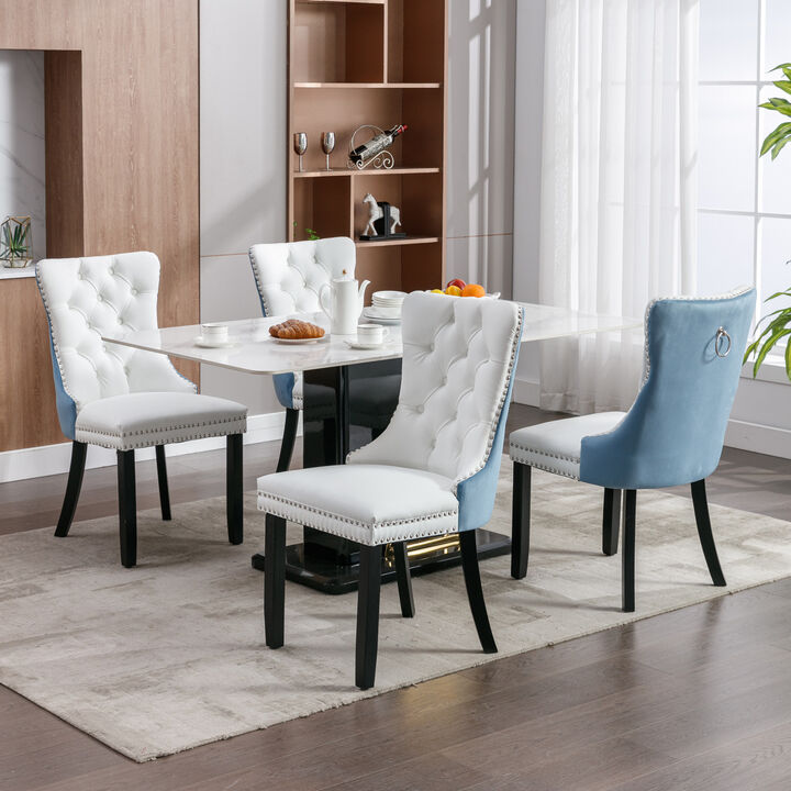 Set of 2 Upholstered Dining Chairs, Tufted Back, Nailhead Trim, Solid Wood Legs