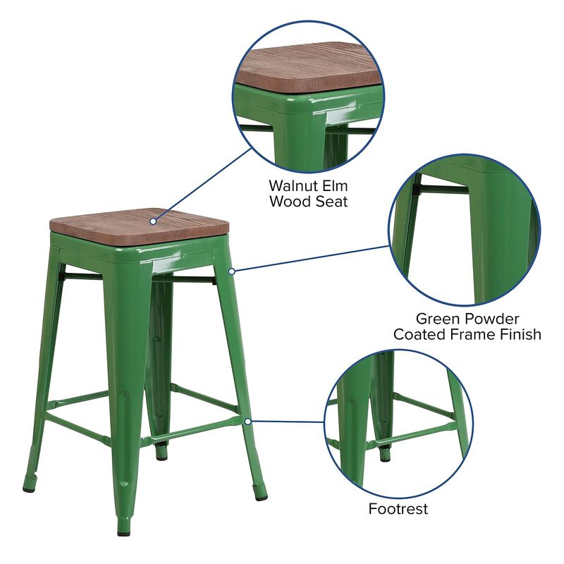 Flash Furniture Lily 24" High Backless Green Metal Counter Height Stool with Square Wood Seat