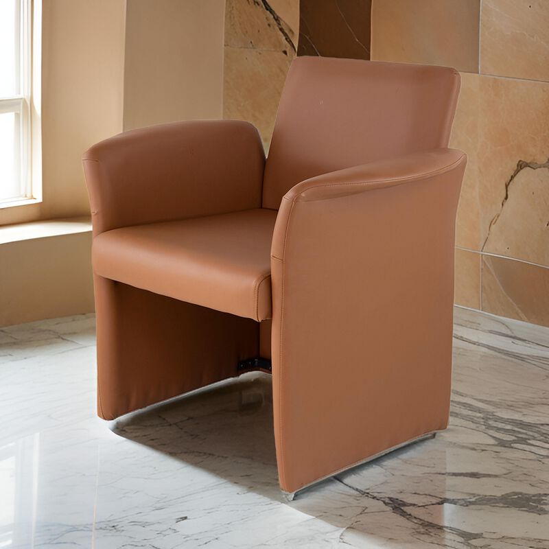 32 Inch Accent Chair, Curved, Extended Back, Caramel Brown Faux Leather - Benzara