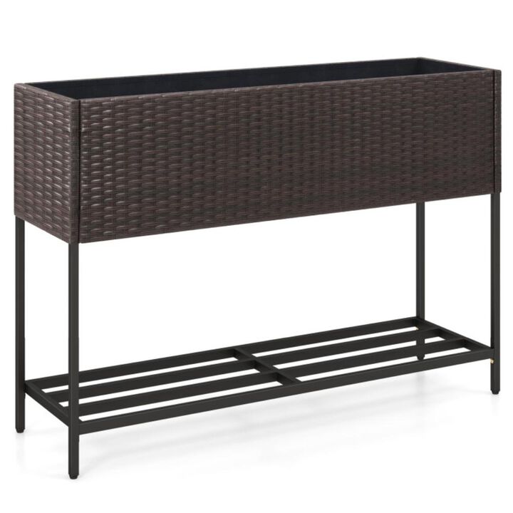 Hivvago Wicker Raised Garden Bed with Storage Shelf and Drainage Gaps for Flowers