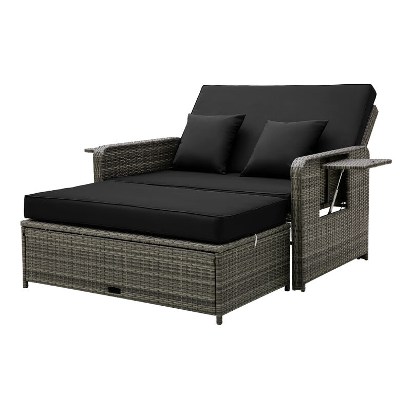 Wicker Loveseat Sofa with Multipurpose Ottoman and Retractable Side Tray