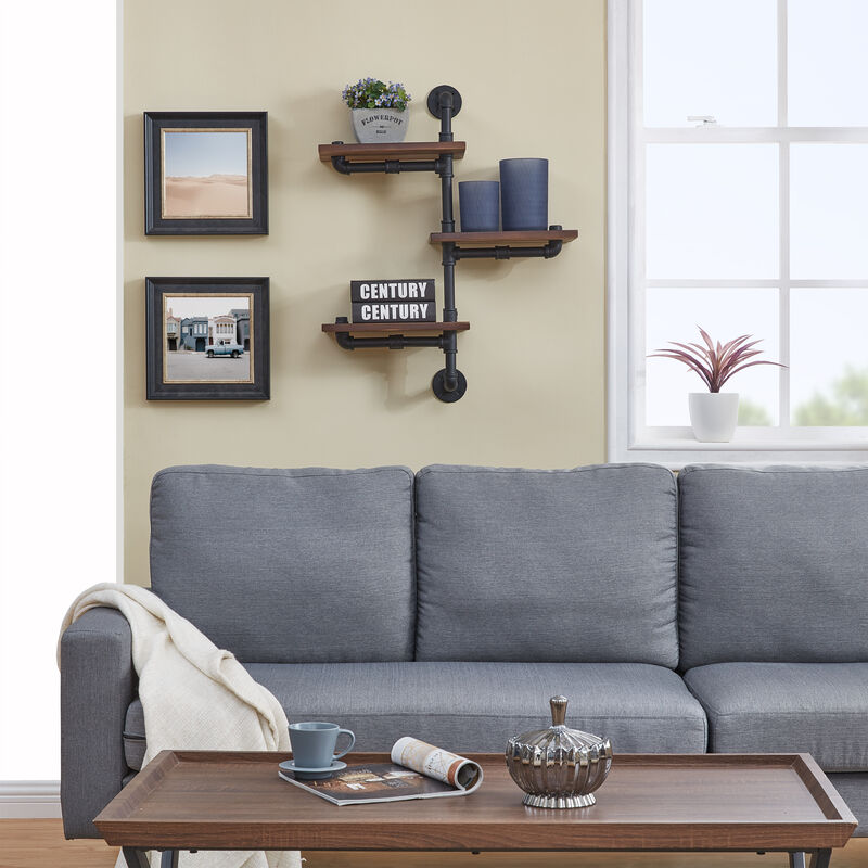 3-Tier Vertical Floating Staggered Industrial Rustic Pipe Wall Mount Shelving Unit
