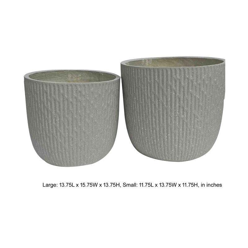 14 Inch Planter Set of 2, Drum Shape, Engraved Design, Textured Green - Benzara