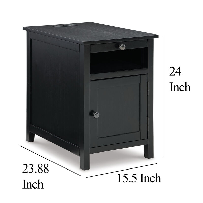 Gena Side End Table, Shelf and Pull Out Tray, Black Solid Wood 24 Inch - Benzara