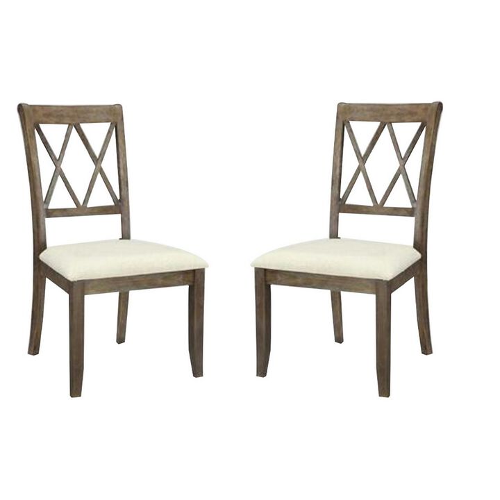 Wood Dining Chair, Double X Backrest, Set of 2, Beige, Brown-Benzara