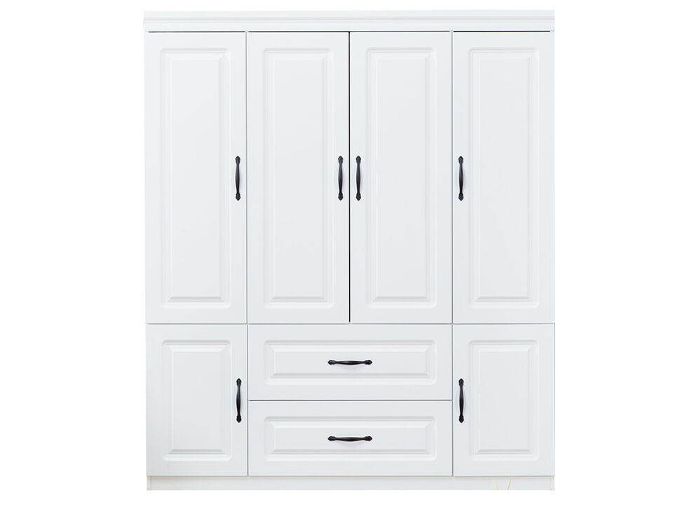 Wooden Armoire Wardrobe Closet White Large Capacity Storage 74" Tall Clothes Cabinet with 4 Doors, 2 Drawers, 2 Hanging Rods and Shelves for Bedroom Armoire