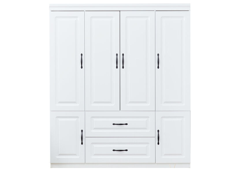 Wooden Armoire Wardrobe Closet White Large Capacity Storage 74" Tall Clothes Cabinet with 4 Doors, 2 Drawers, 2 Hanging Rods and Shelves for Bedroom Armoire