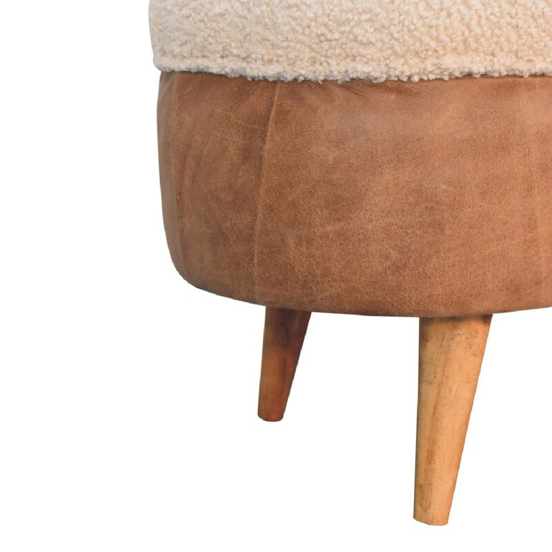 Solid Wood Tan Bufallo Leather Boucle Nordic Bench