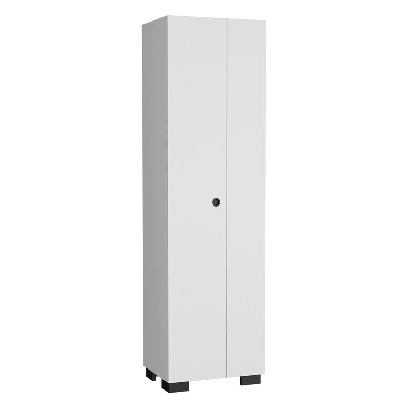 DEPOT E-SHOP Attica Broom Cabinet Double-Door Design with Inner Shelves and Side Hangers, White