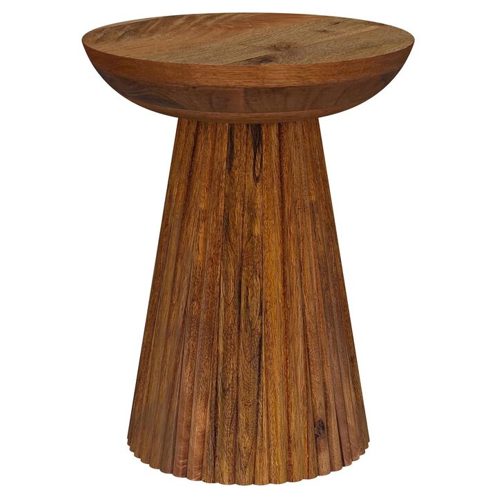 Ureo Round Accent Side Table, Cone Pedestal Base, Brown Mango Wood - Benzara