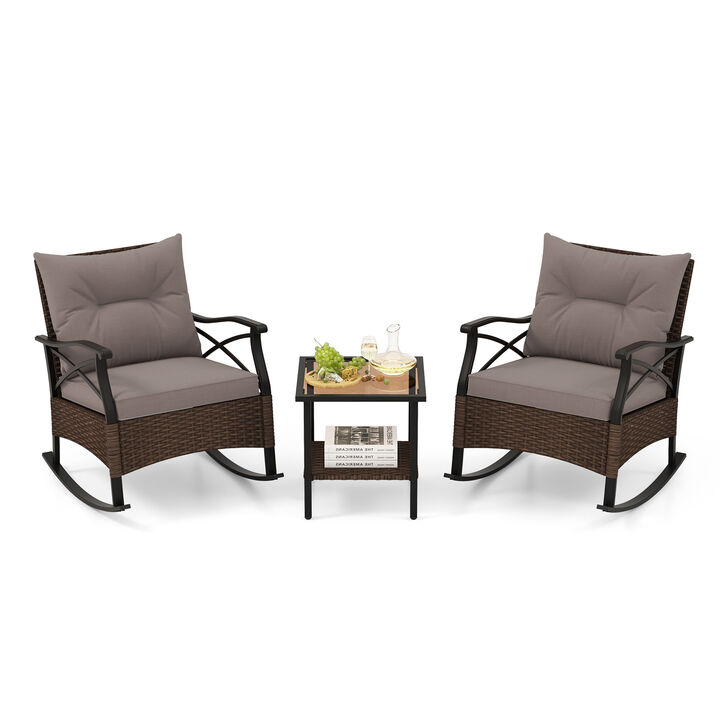 3-Piece Outdoor Rattan Rocking Chairs Set with 2-Tier Side Table for Garden and Backyard