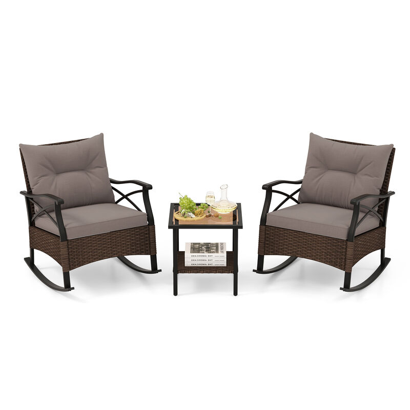 3-Piece Outdoor Rattan Rocking Chairs Set with 2-Tier Side Table for Garden and Backyard