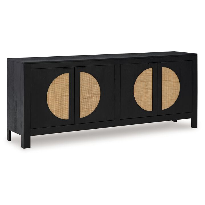 Sideboard Cabinet Console, 4 Doors Woven Cane, 70 Inch Black and Brown - Benzara