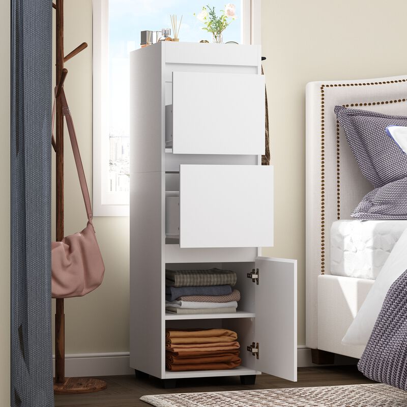 FUFU&GAGA Modern White Wardrobe with 2 Drawers and 1 Cabinet, Adjustable Shelf, Black Rubber Feet (15.7" W x 15.7" D x 50.8" H), White Melamine Finish