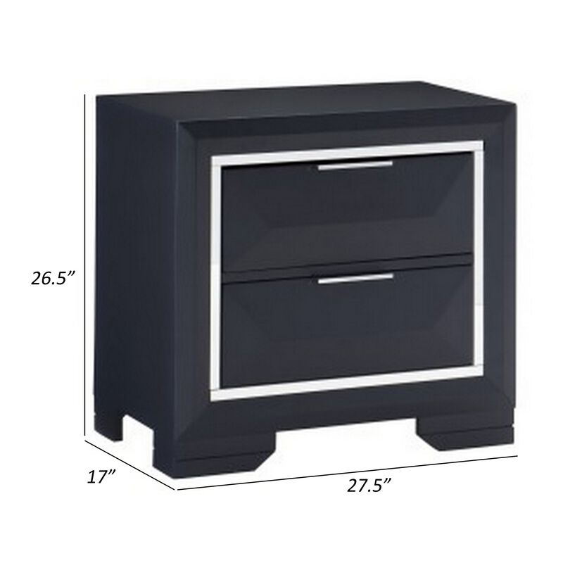 Rosy 27 Inch Nightstand, 2 Drawers, Chrome Accents, Midnight Blue Wood - Benzara