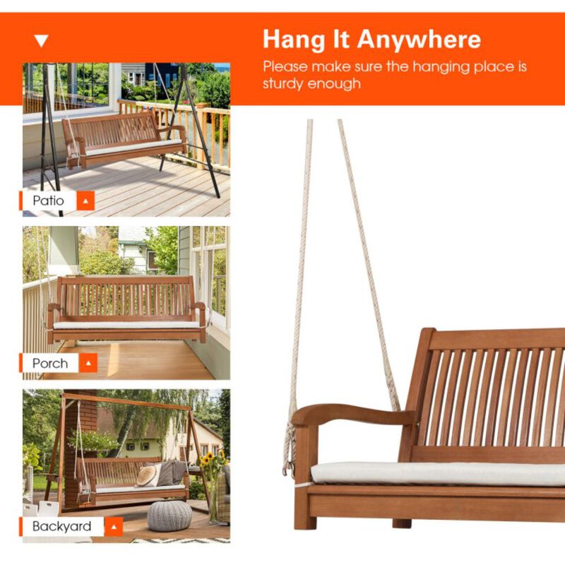 Hivvago 2-Person Hanging Porch Swing Wood Bench with Cushion Curved Back
