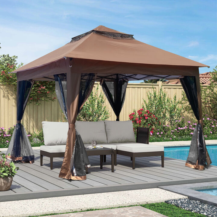 Pop Up Gazebo Canopy With Netting, 2-Tier Soft Top Tent, 11x11FT, Brown